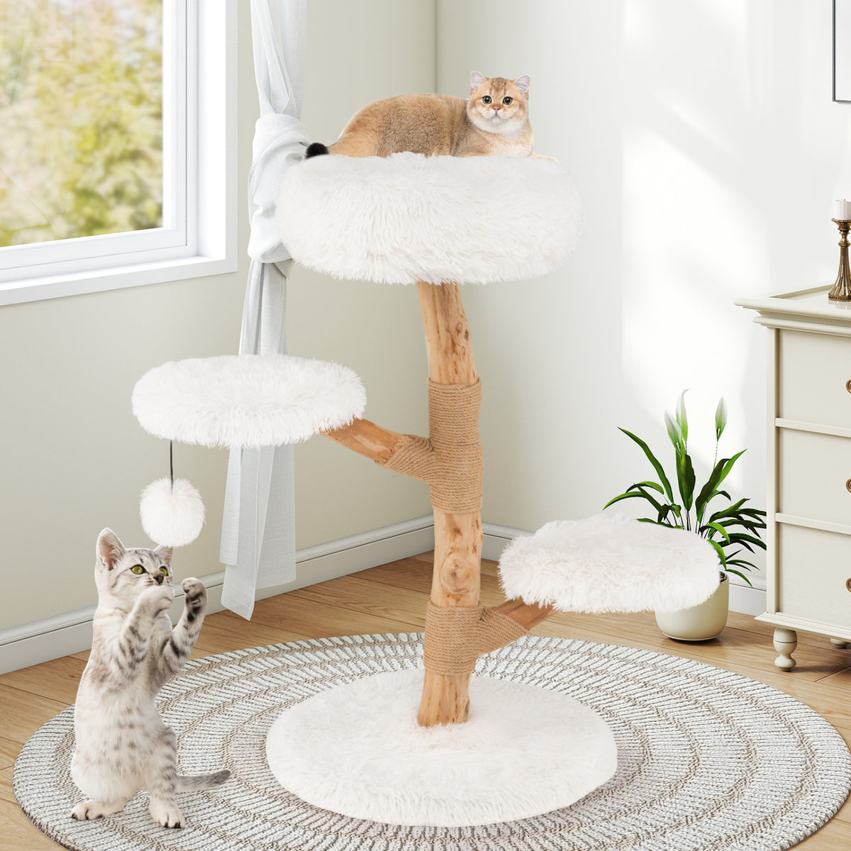 Cat Tree Solid Pear Wood with Perch and Jute Scratching Posts - White Variation