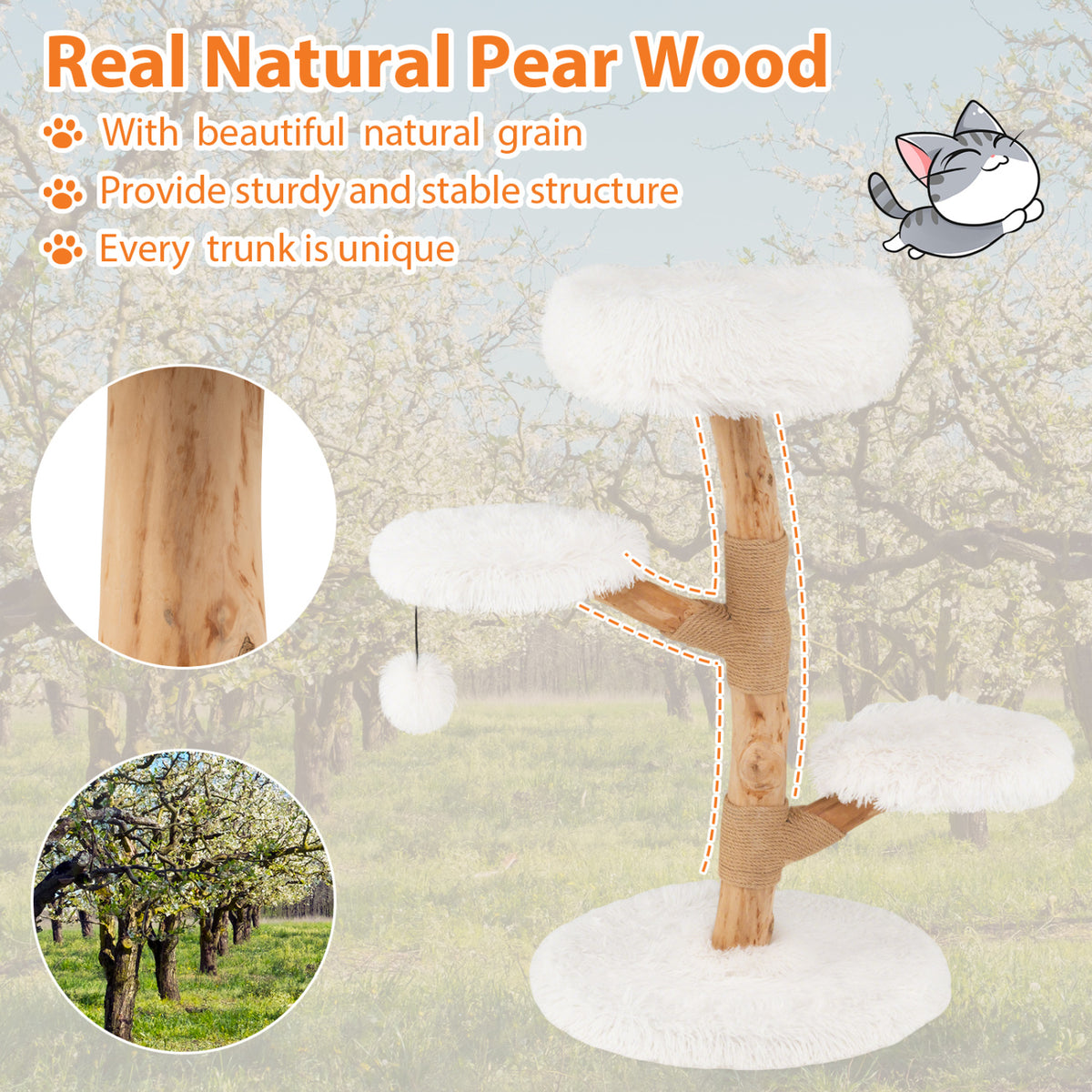 Cat Tree Solid Pear Wood with Perch and Jute Scratching Posts - White Variation