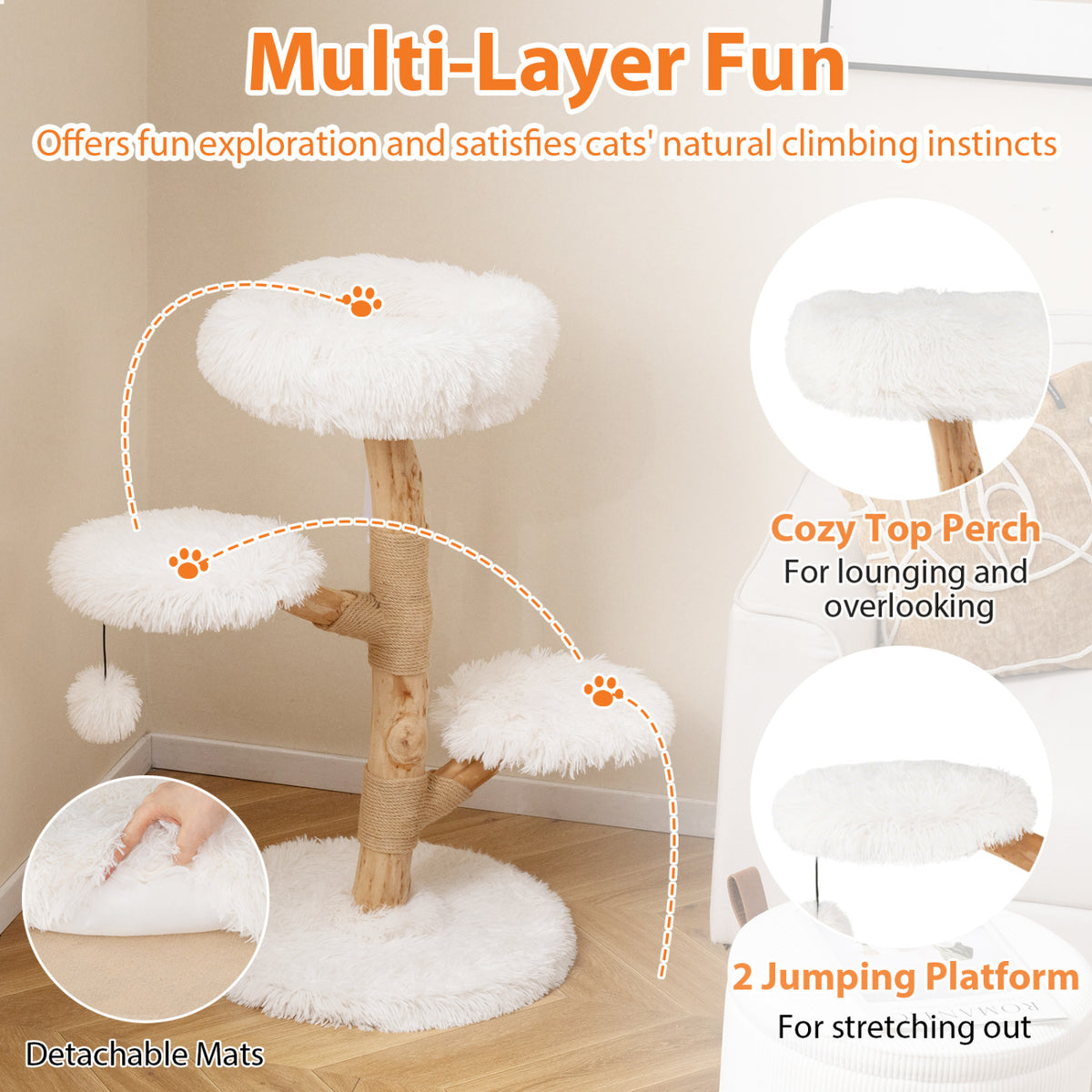 Cat Tree Solid Pear Wood with Perch and Jute Scratching Posts - White Variation