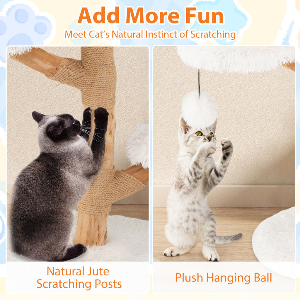 Cat Tree Solid Pear Wood with Perch and Jute Scratching Posts - White Variation