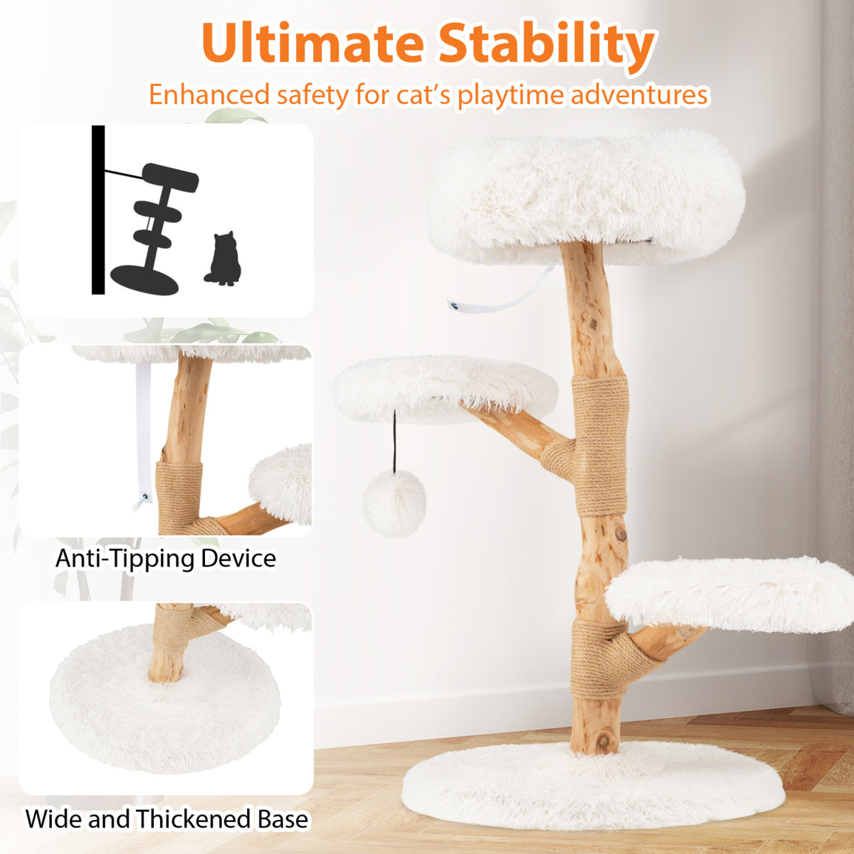 Cat Tree Solid Pear Wood with Perch and Jute Scratching Posts - White Variation