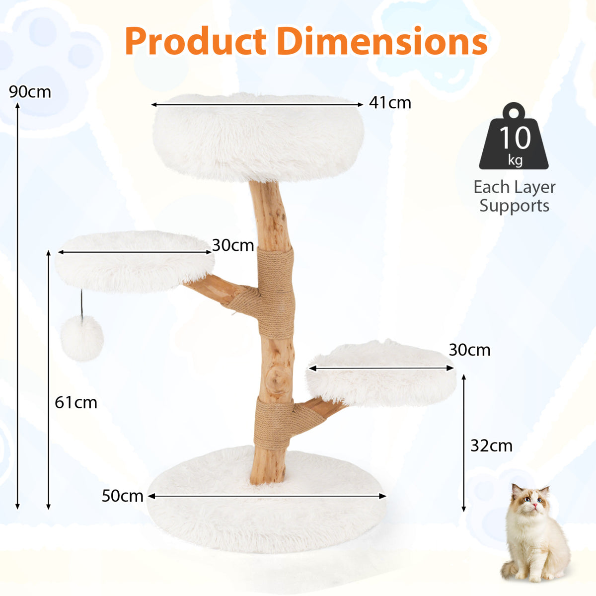 Cat Tree Solid Pear Wood with Perch and Jute Scratching Posts - White Variation
