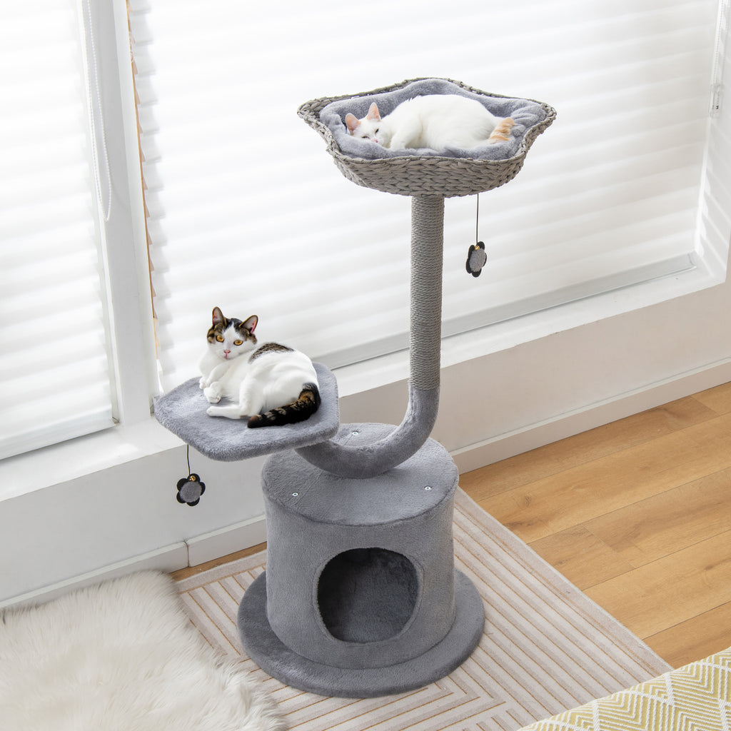 42 Inch Cat Tower with Curved Metal Frame and Gray Finish - Multi-Level Cat Furniture with Perches & Condo
