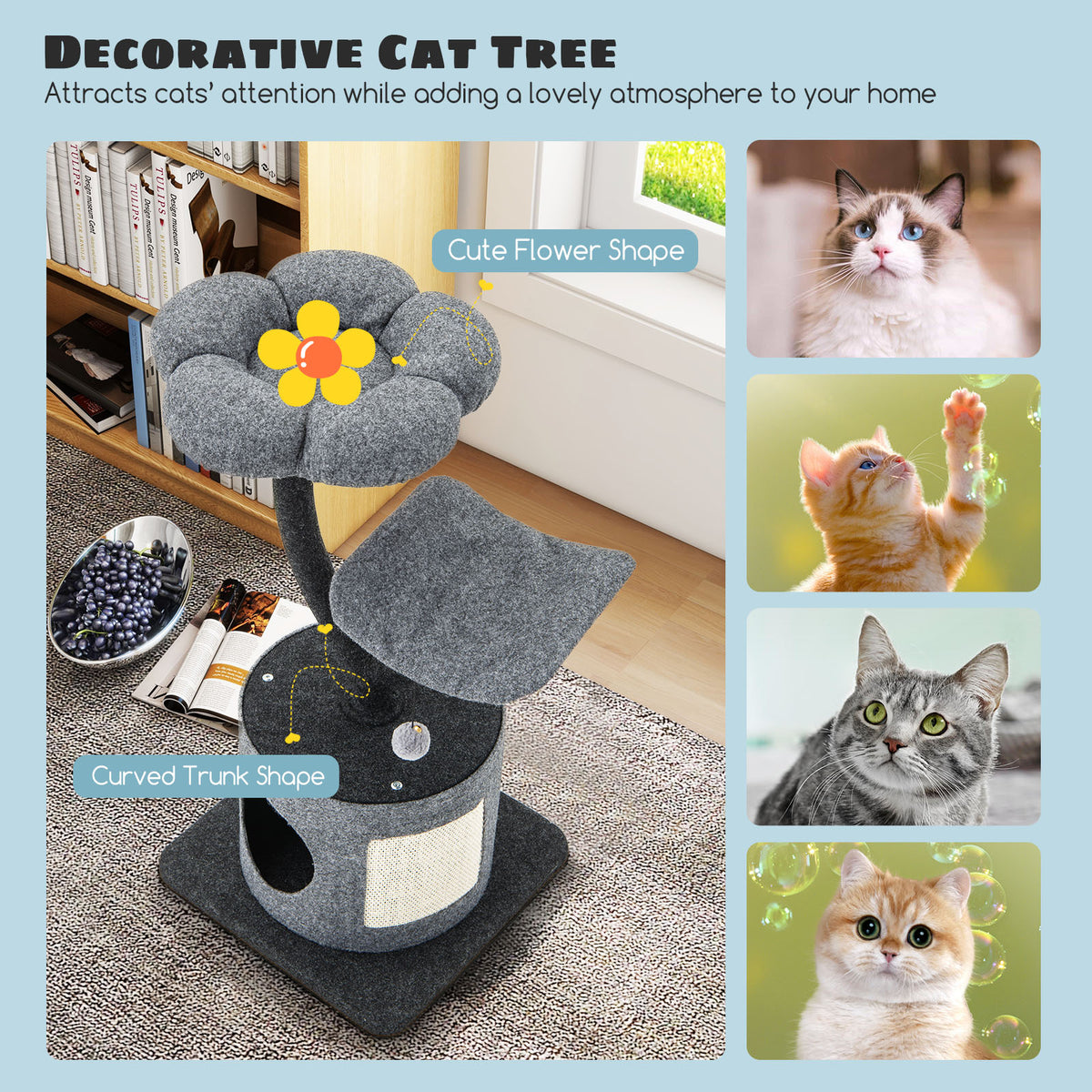 Cat Tree with Curved Metal Support Frame - Large & Small Cats, Gray - Modern Cat Furniture
