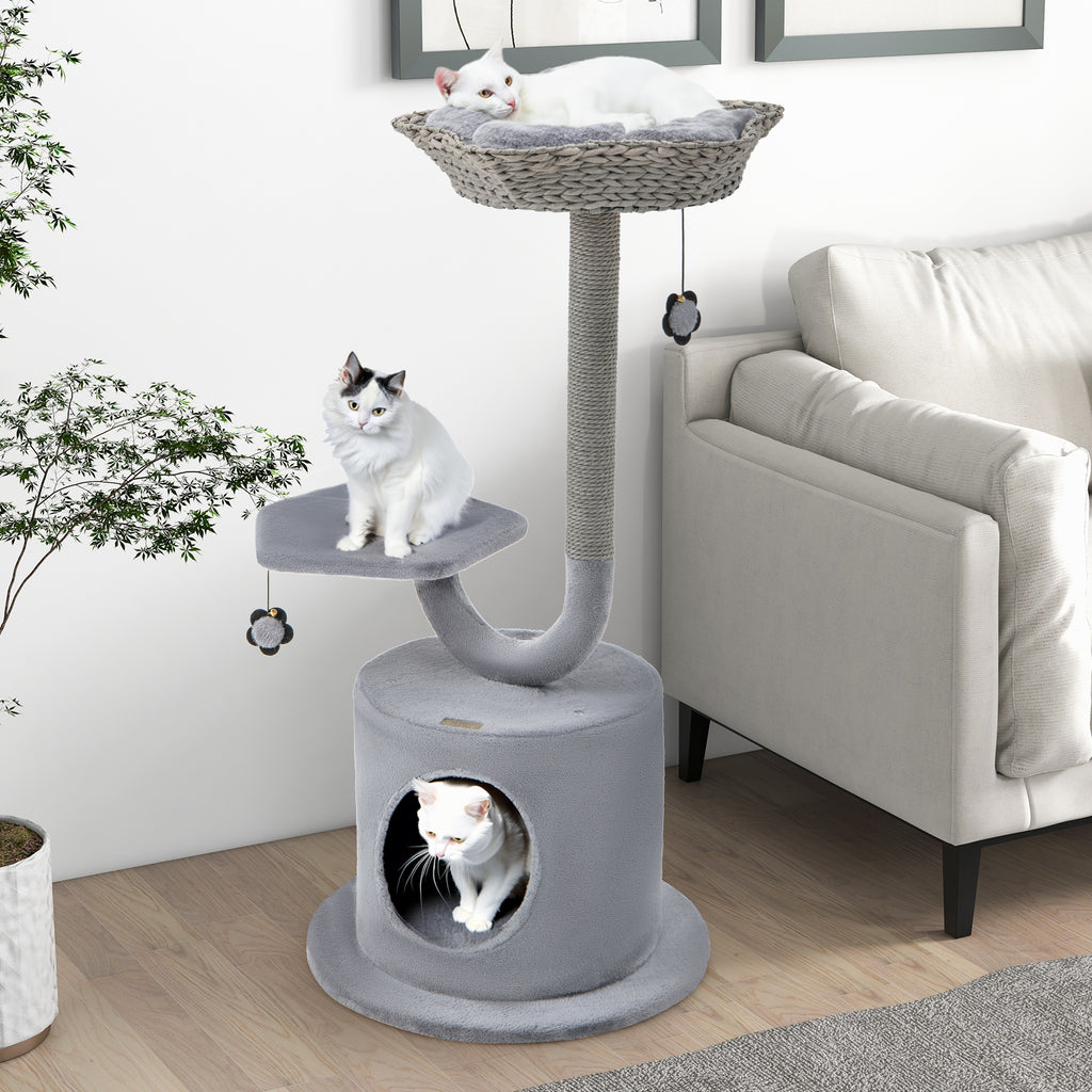 42 Inch Cat Tower with Curved Metal Frame and Gray Finish - Multi-Level Cat Furniture with Perches & Condo