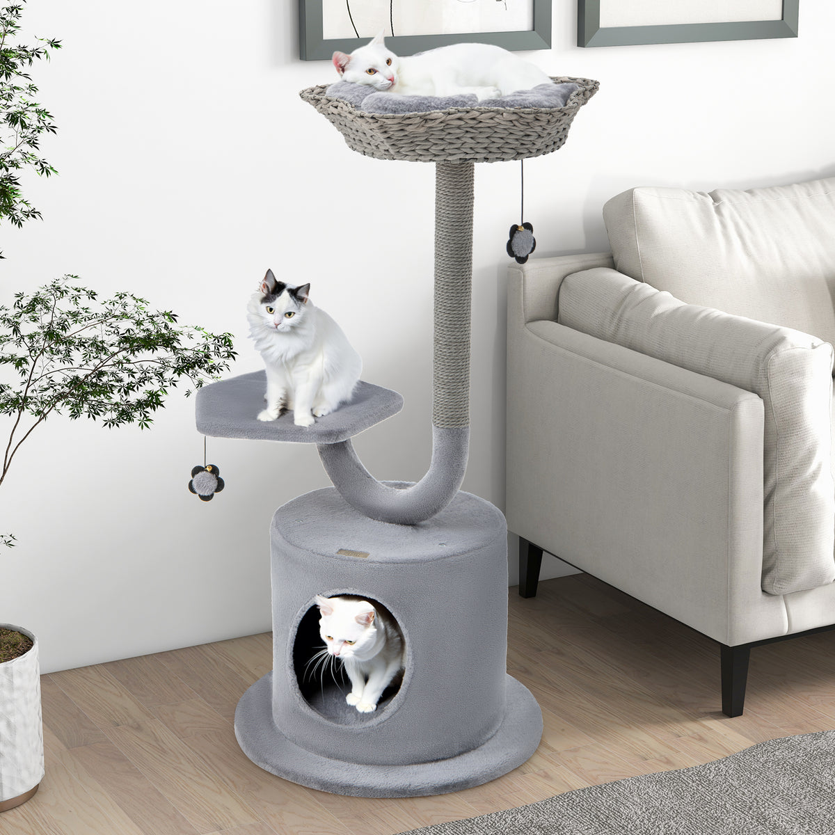 42 Inch Cat Tower with Curved Metal Frame and Gray Finish - Multi-Level Cat Furniture with Perches & Condo