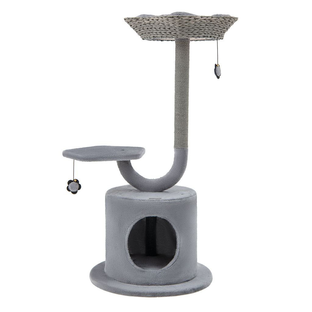 42 Inch Cat Tower with Curved Metal Frame and Gray Finish - Multi-Level Cat Furniture with Perches & Condo