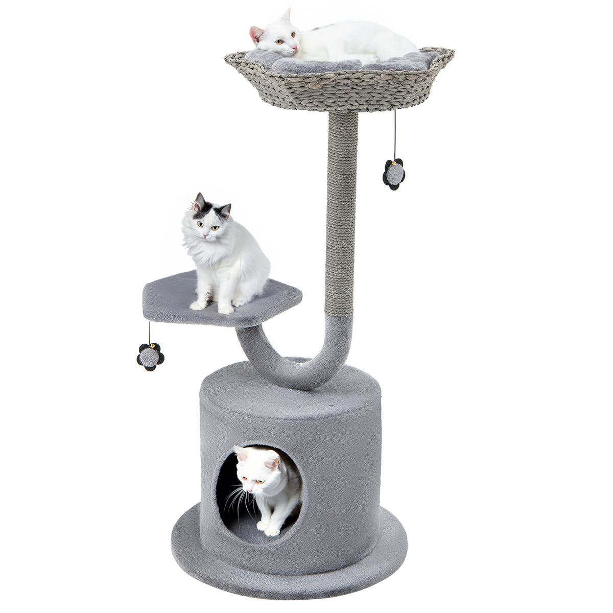 42 Inch Cat Tower with Curved Metal Frame and Gray Finish - Multi-Level Cat Furniture with Perches & Condo