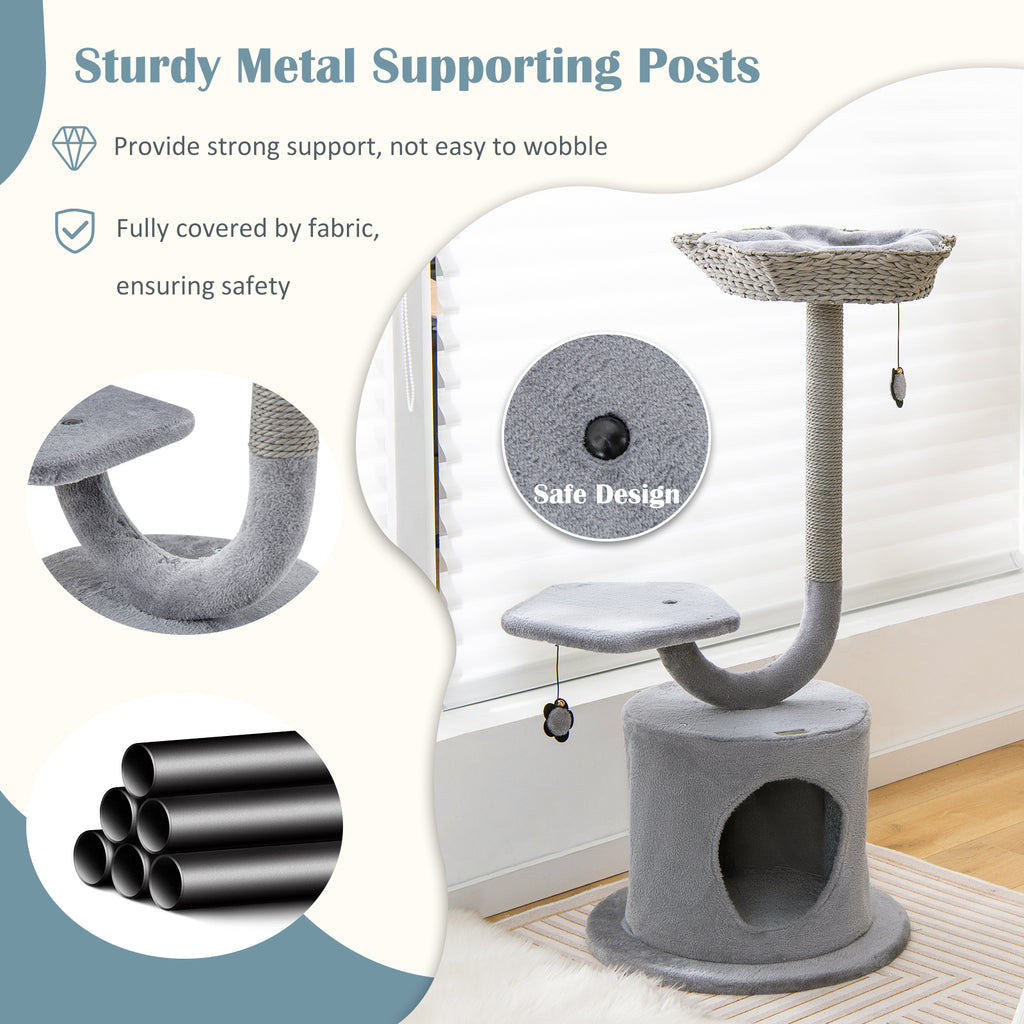 42 Inch Cat Tower with Curved Metal Frame and Gray Finish - Multi-Level Cat Furniture with Perches & Condo