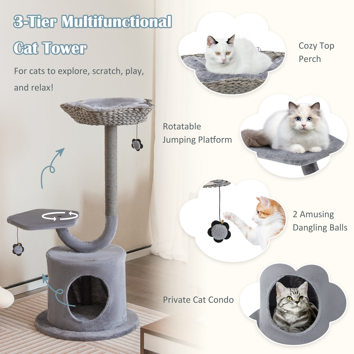 42 Inch Cat Tower with Curved Metal Frame and Gray Finish - Multi-Level Cat Furniture with Perches & Condo