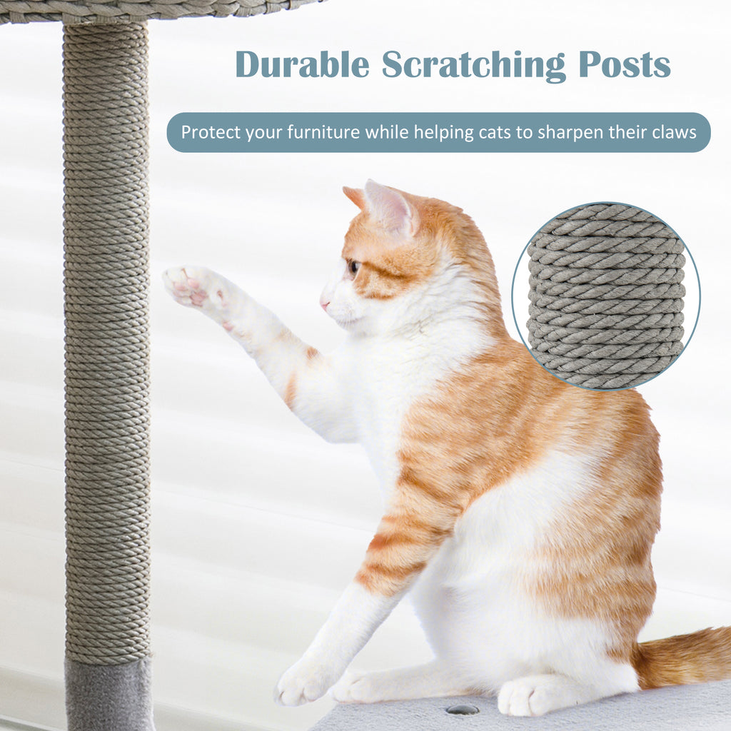 42 Inch Cat Tower with Curved Metal Frame and Gray Finish - Multi-Level Cat Furniture with Perches & Condo