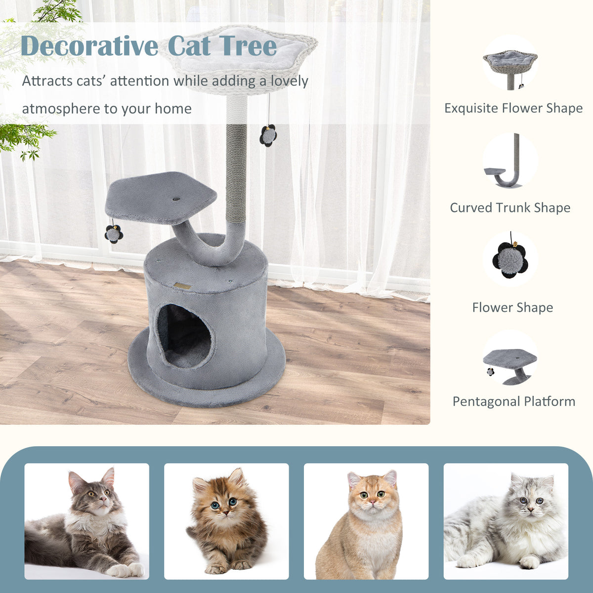 42 Inch Cat Tower with Curved Metal Frame and Gray Finish - Multi-Level Cat Furniture with Perches & Condo