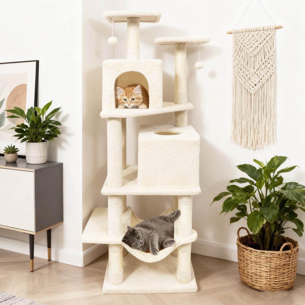 Pink 57 Inch Cat Tree with Dual Condos Hammock and Dangling Balls - Costway
