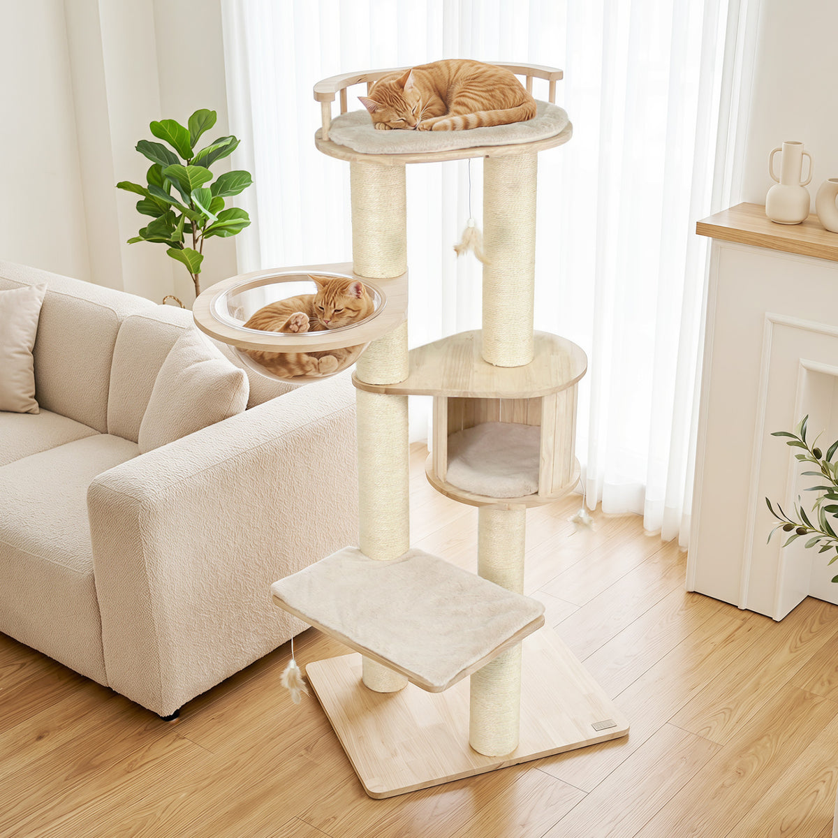 Costway Gray Cat Tree with Top Perch, Condo & Feather Toys - Indoor Kitten Tower
