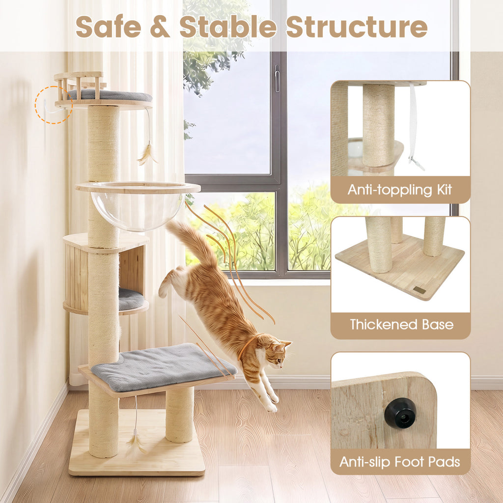 Costway Gray Cat Tree with Top Perch, Condo & Feather Toys - Indoor Kitten Tower