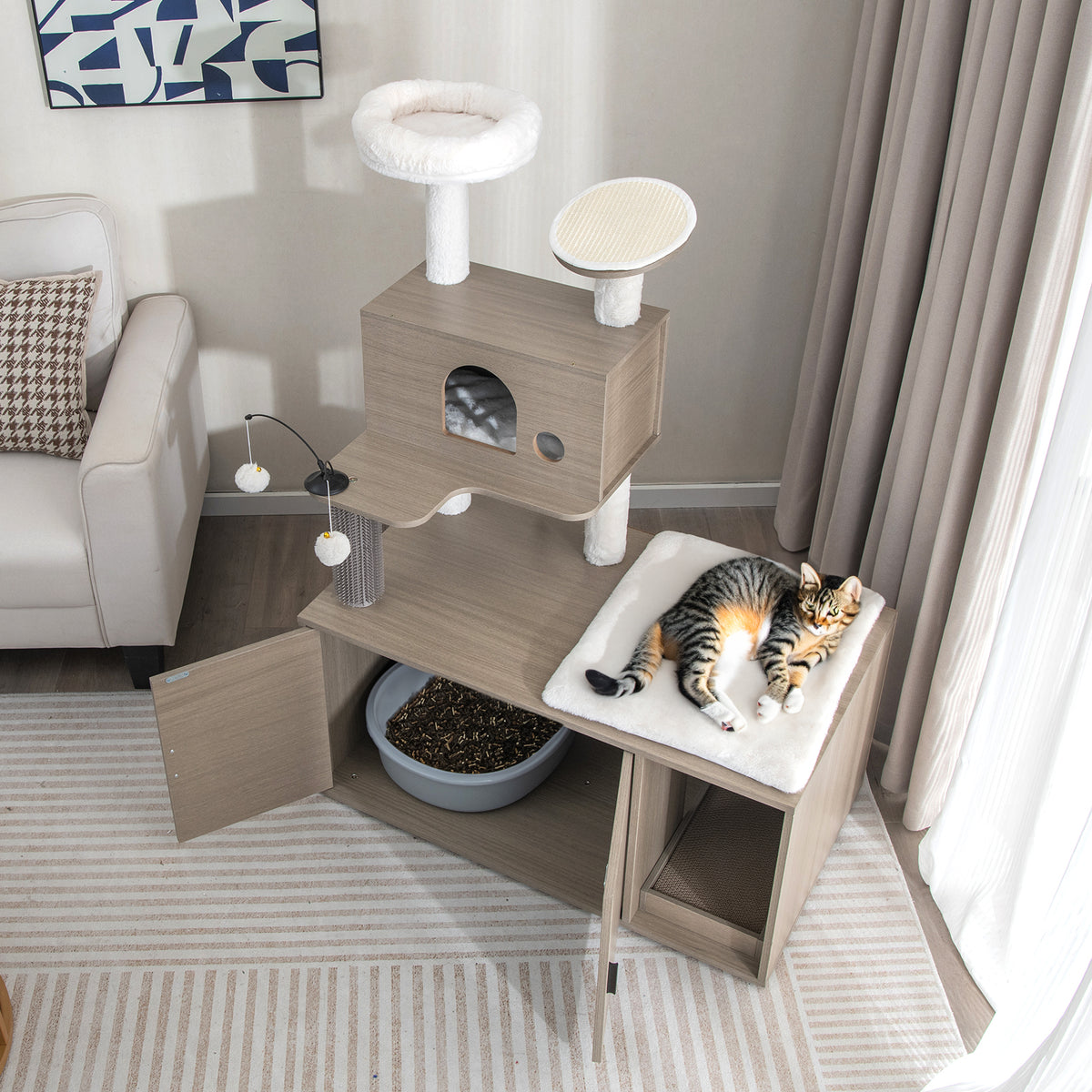 2-in-1 Cat Tower with Litter Box Enclosure - Gray, Space-Saving Multi-Level Design