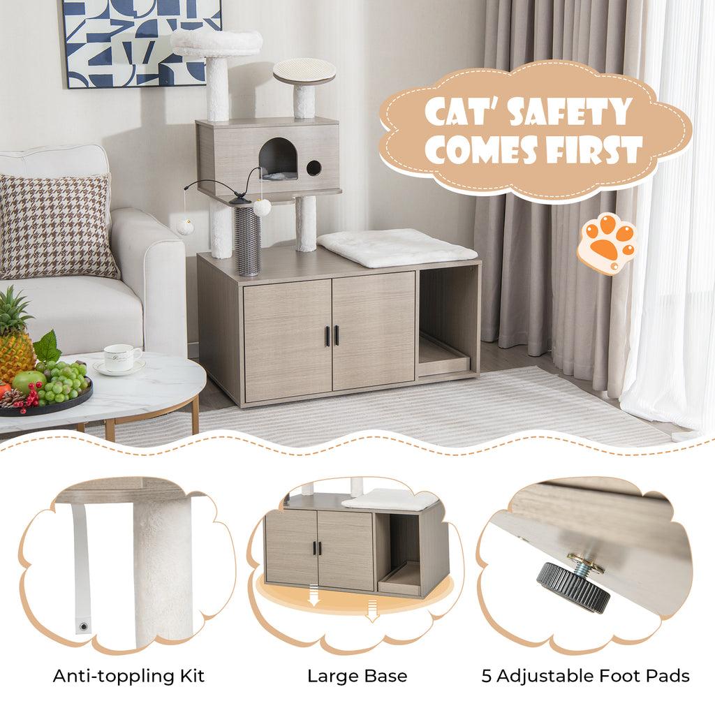 2-in-1 Cat Tower with Litter Box Enclosure - Gray, Space-Saving Multi-Level Design