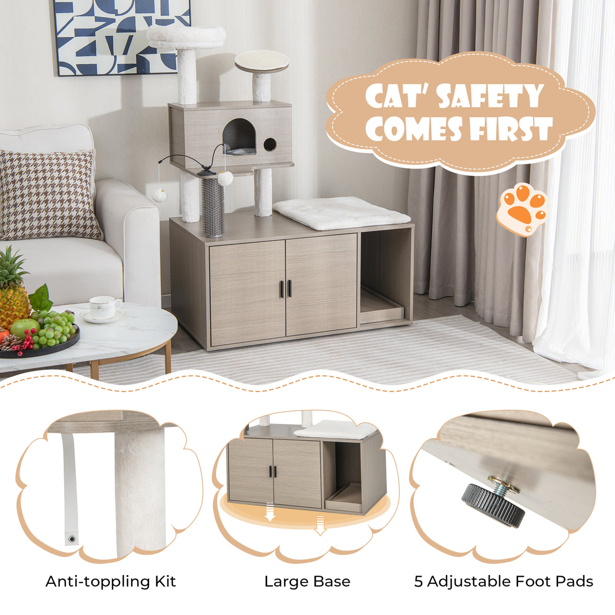 2-in-1 Cat Tower with Litter Box Enclosure - Gray, Space-Saving Multi-Level Design