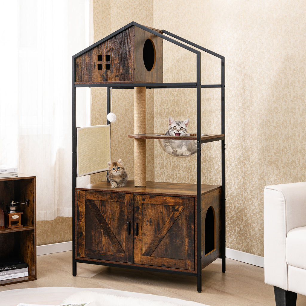 Multi-Level Cat Tree with Litter Box Enclosure - Rustic Brown Cat Condo Furniture