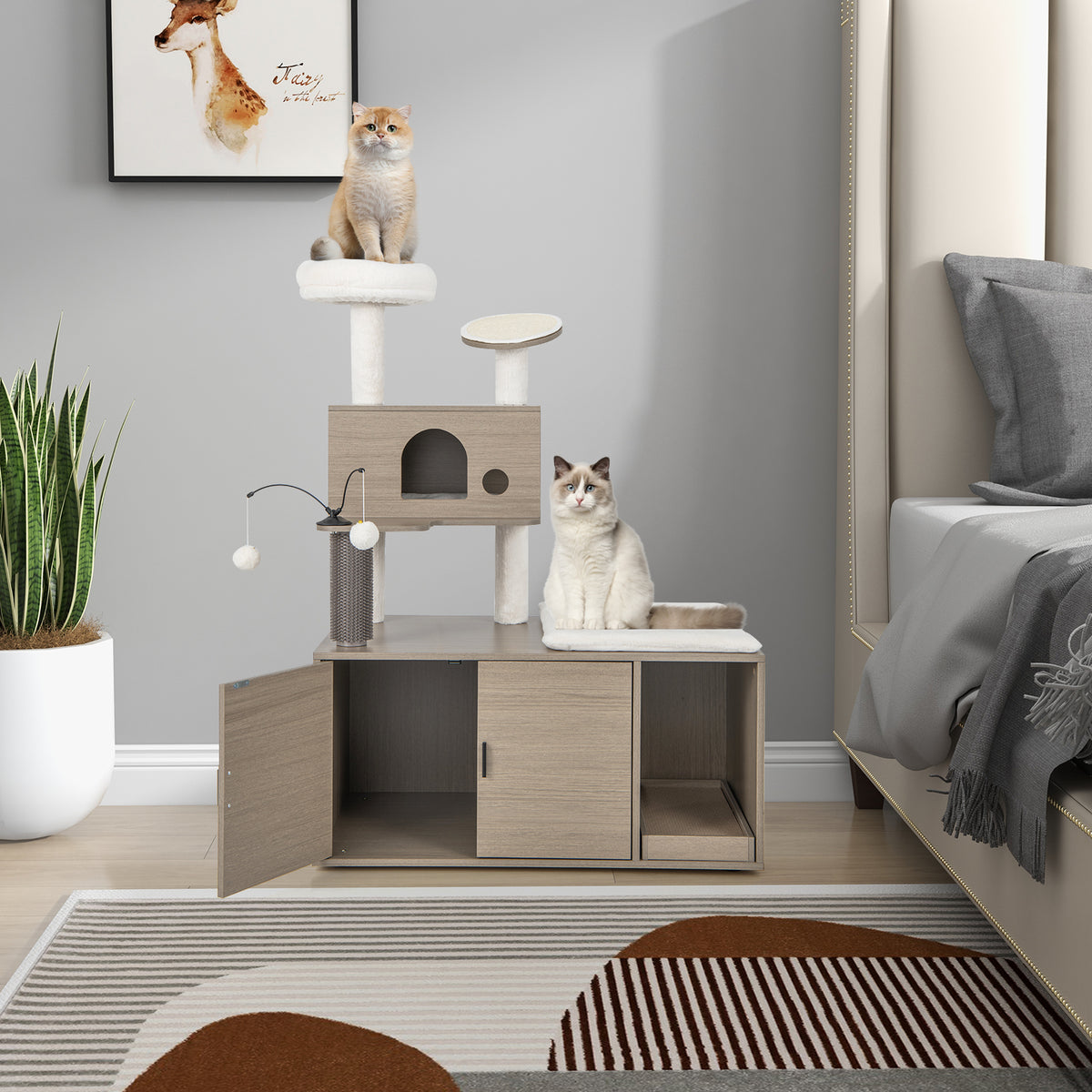 2-in-1 Cat Tower with Litter Box Enclosure - Gray, Space-Saving Multi-Level Design