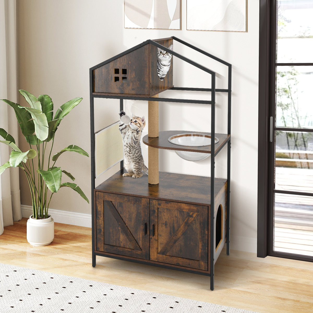 Multi-Level Cat Tree with Litter Box Enclosure - Rustic Brown Cat Condo Furniture