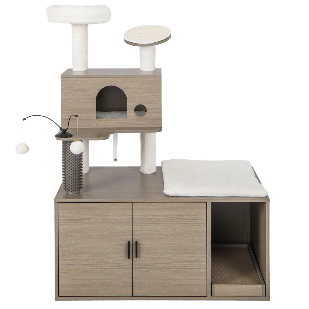 2-in-1 Cat Tower with Litter Box Enclosure - Gray, Space-Saving Multi-Level Design