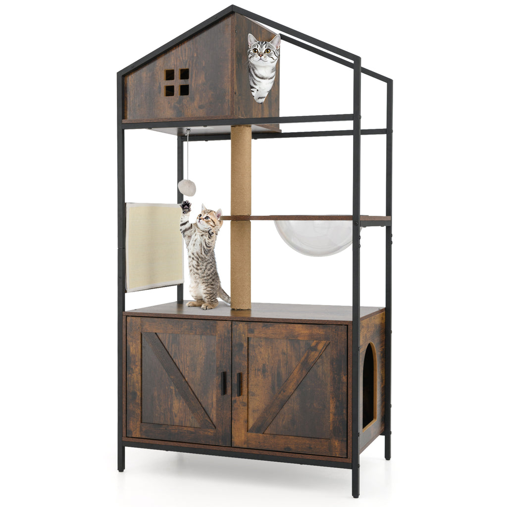 Multi-Level Cat Tree with Litter Box Enclosure - Rustic Brown Cat Condo Furniture