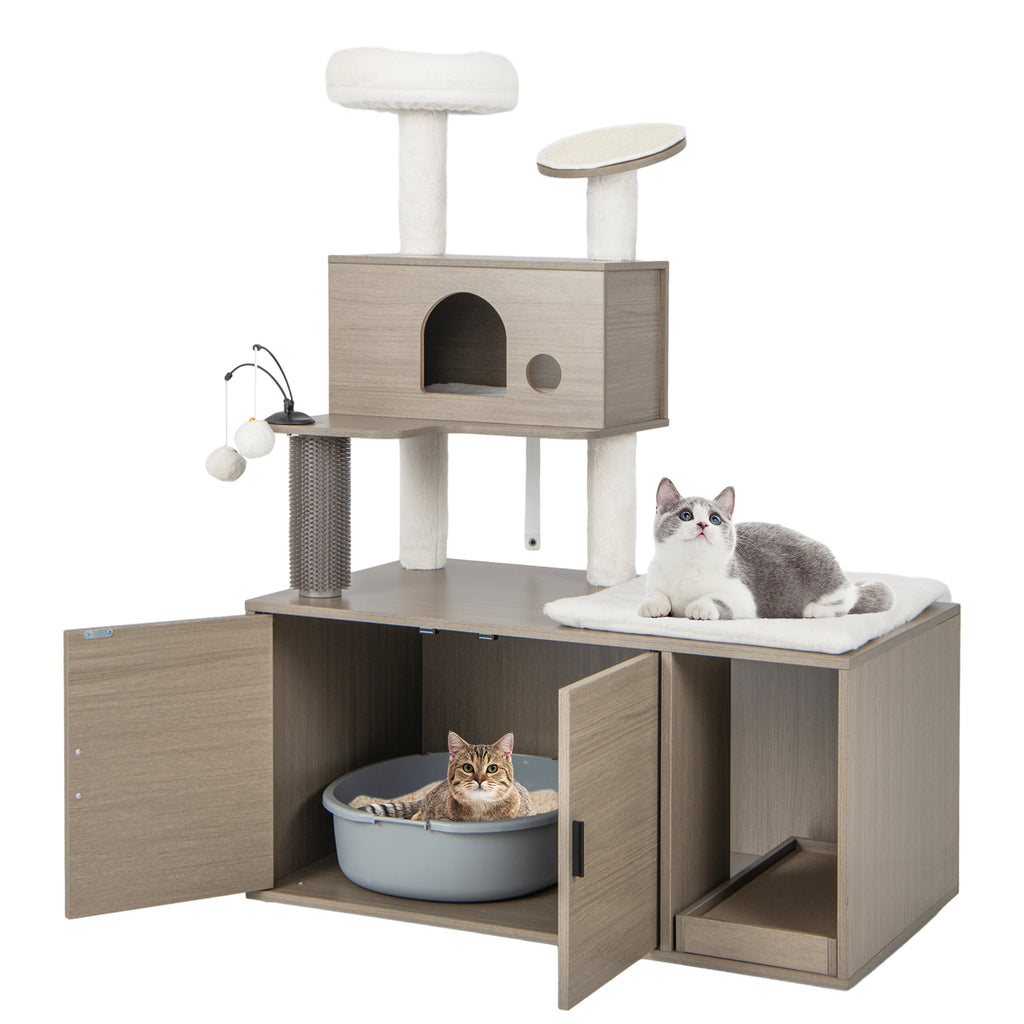 2-in-1 Cat Tower with Litter Box Enclosure - Gray, Space-Saving Multi-Level Design