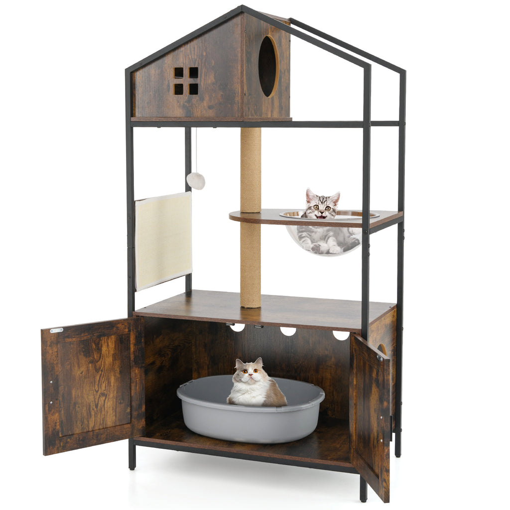 Multi-Level Cat Tree with Litter Box Enclosure - Rustic Brown Cat Condo Furniture