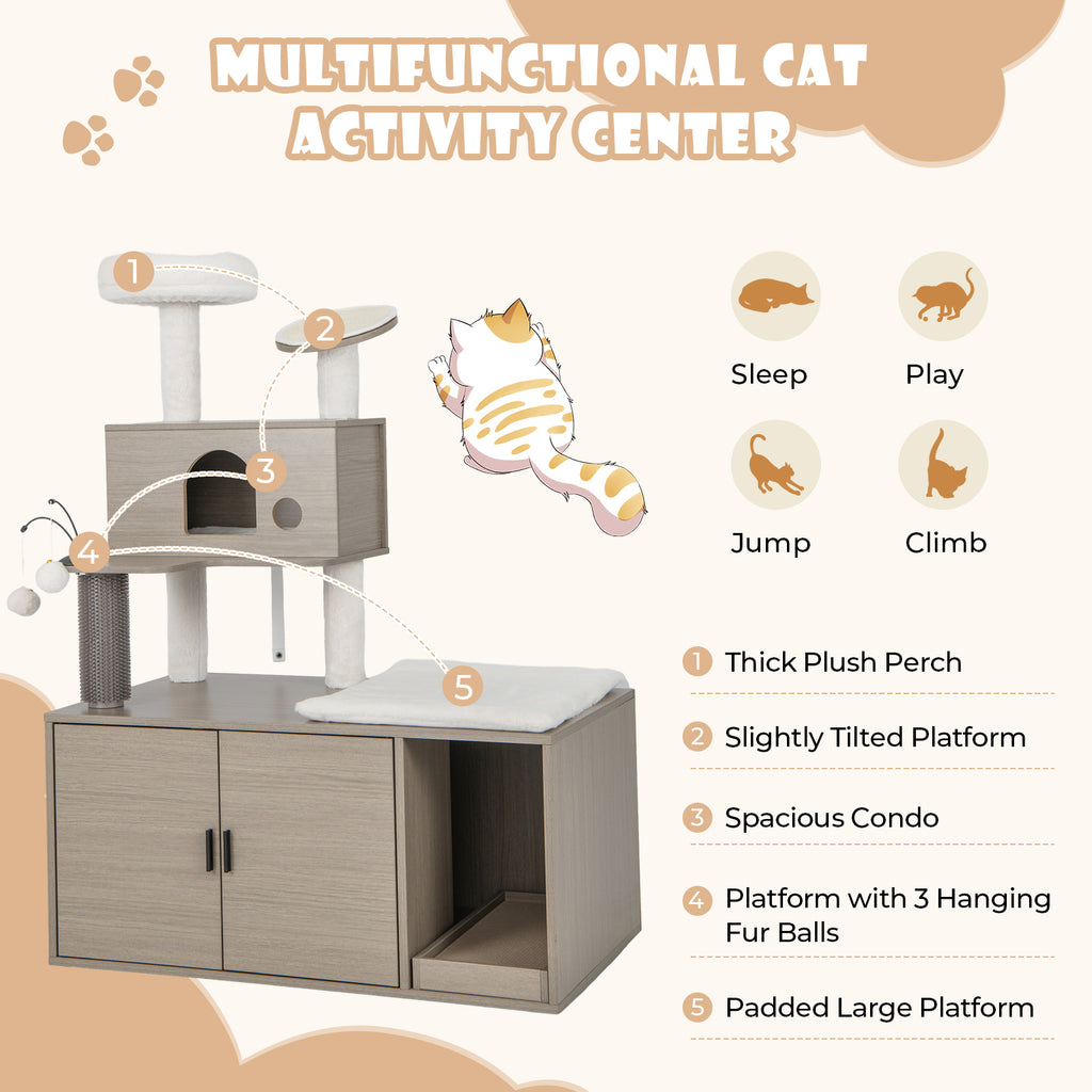 2-in-1 Cat Tower with Litter Box Enclosure - Gray, Space-Saving Multi-Level Design