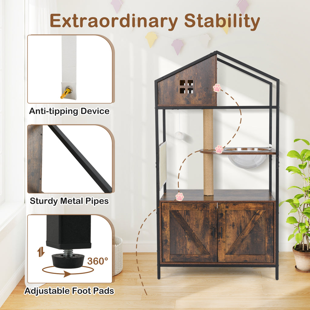 Multi-Level Cat Tree with Litter Box Enclosure - Rustic Brown Cat Condo Furniture