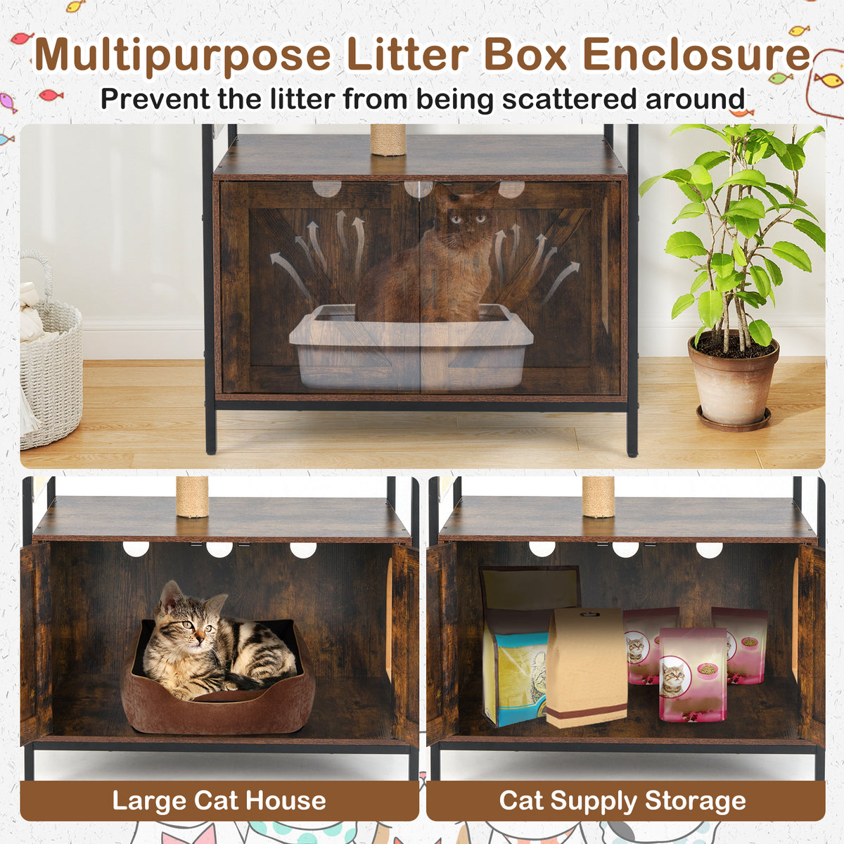 Multi-Level Cat Tree with Litter Box Enclosure - Rustic Brown Cat Condo Furniture