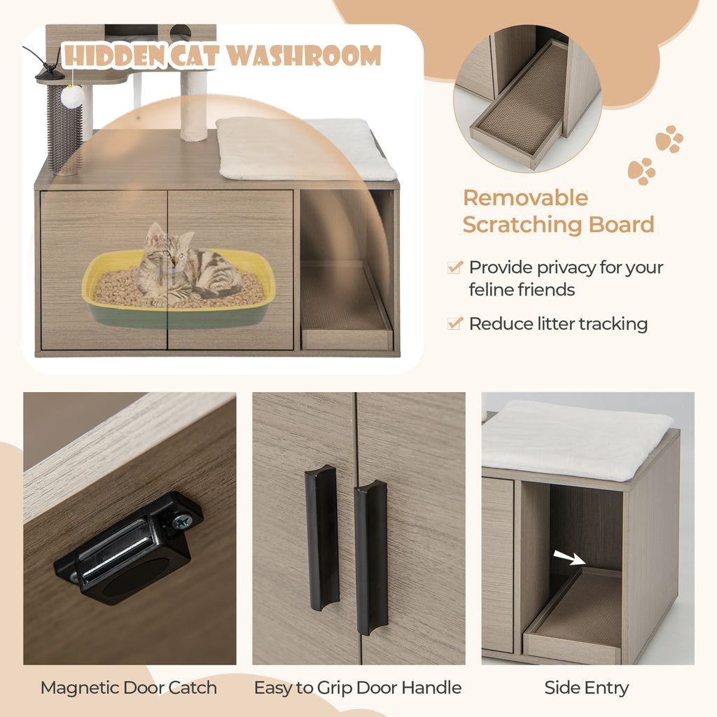 2-in-1 Cat Tower with Litter Box Enclosure - Gray, Space-Saving Multi-Level Design