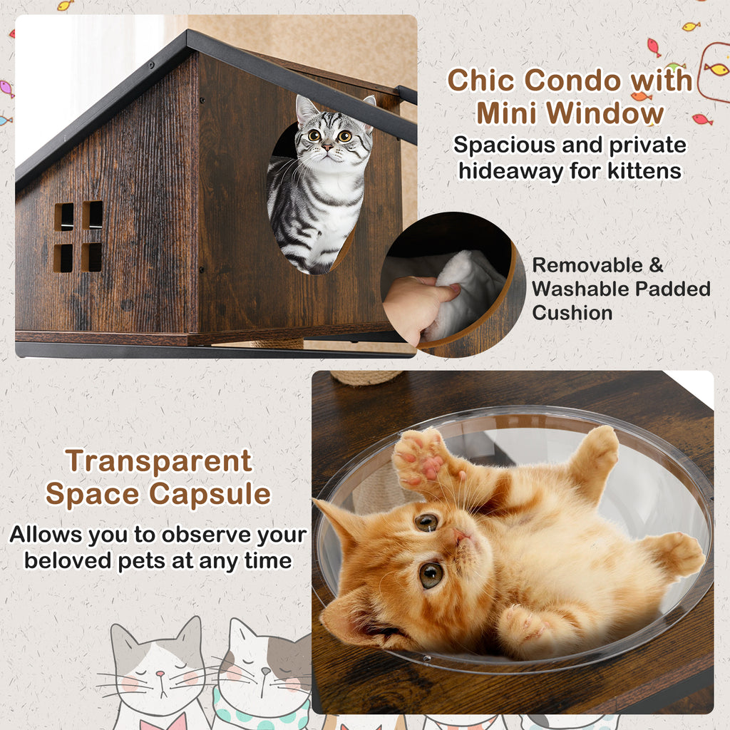 Multi-Level Cat Tree with Litter Box Enclosure - Rustic Brown Cat Condo Furniture