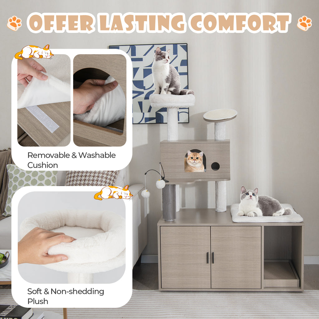 2-in-1 Cat Tower with Litter Box Enclosure - Gray, Space-Saving Multi-Level Design