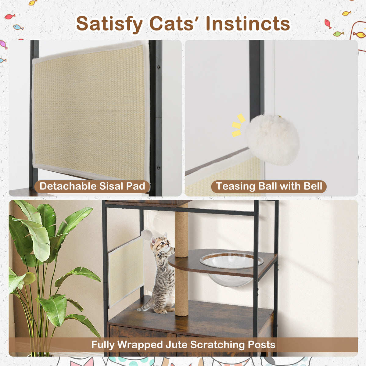 Multi-Level Cat Tree with Litter Box Enclosure - Rustic Brown Cat Condo Furniture