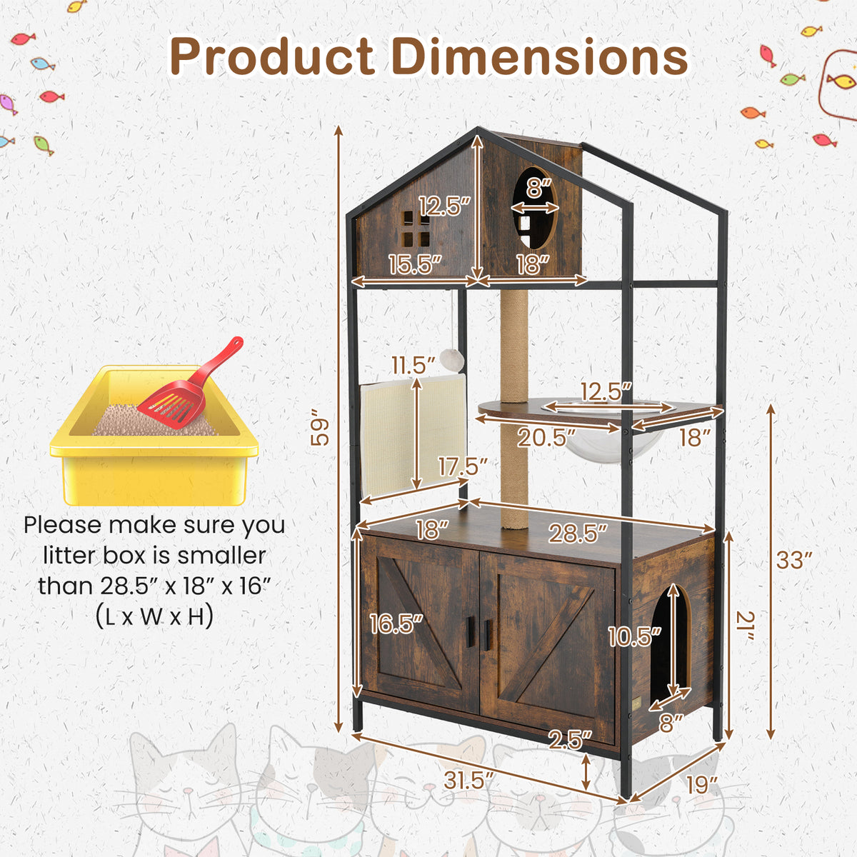 Multi-Level Cat Tree with Litter Box Enclosure - Rustic Brown Cat Condo Furniture