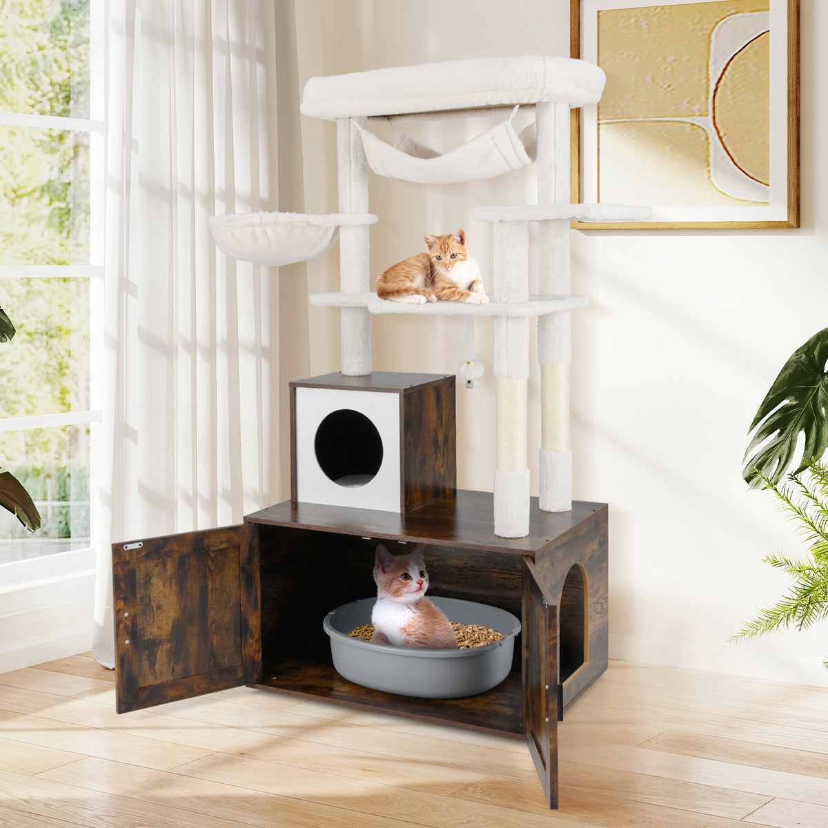 Cat Tree with Litter Box Enclosure for Indoor Cats - Rustic Brown Variation