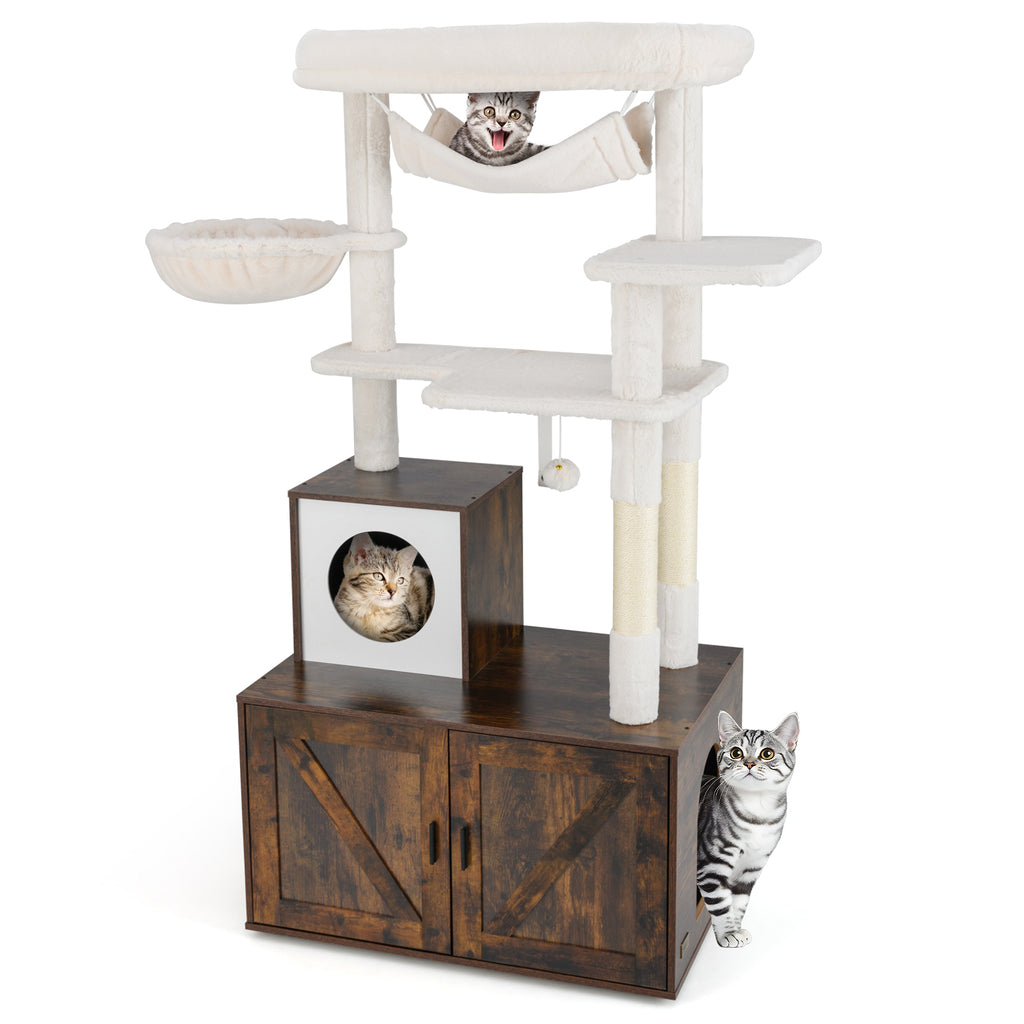 Cat Tree with Litter Box Enclosure for Indoor Cats - Rustic Brown Variation