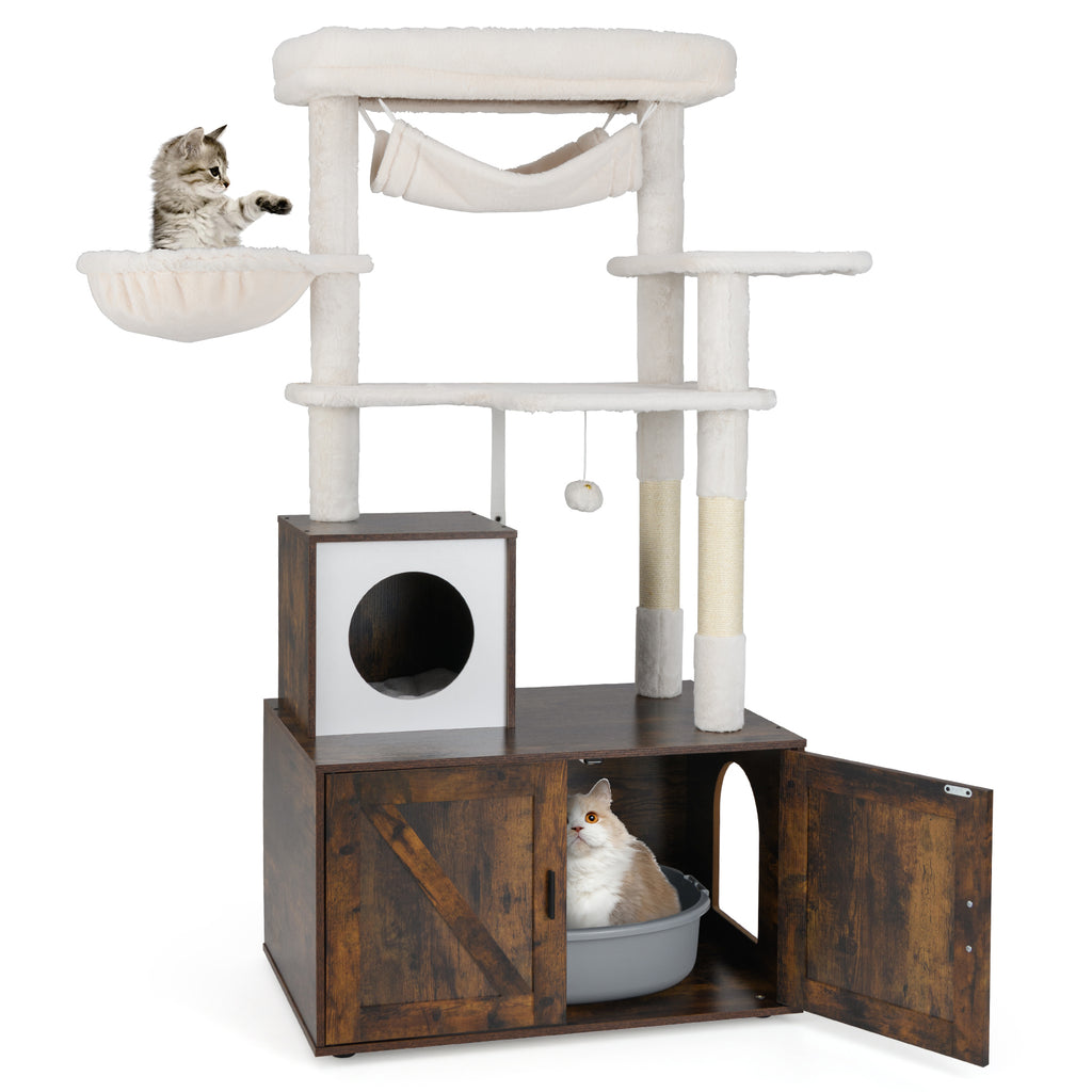 Cat Tree with Litter Box Enclosure for Indoor Cats - Rustic Brown Variation