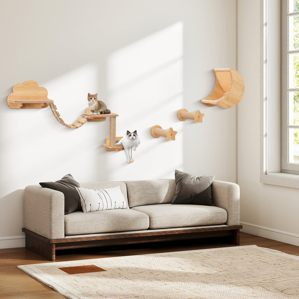 Cat Wall Furniture Set Kitten Wall Mounted Shelves with Hammock - Natural