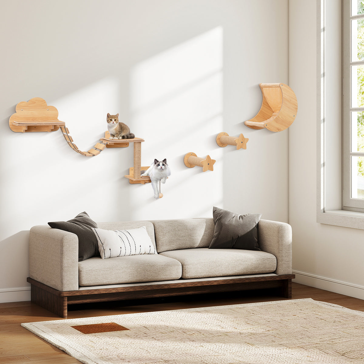 Cat Wall Furniture Set Kitten Wall Mounted Shelves with Hammock - Natural