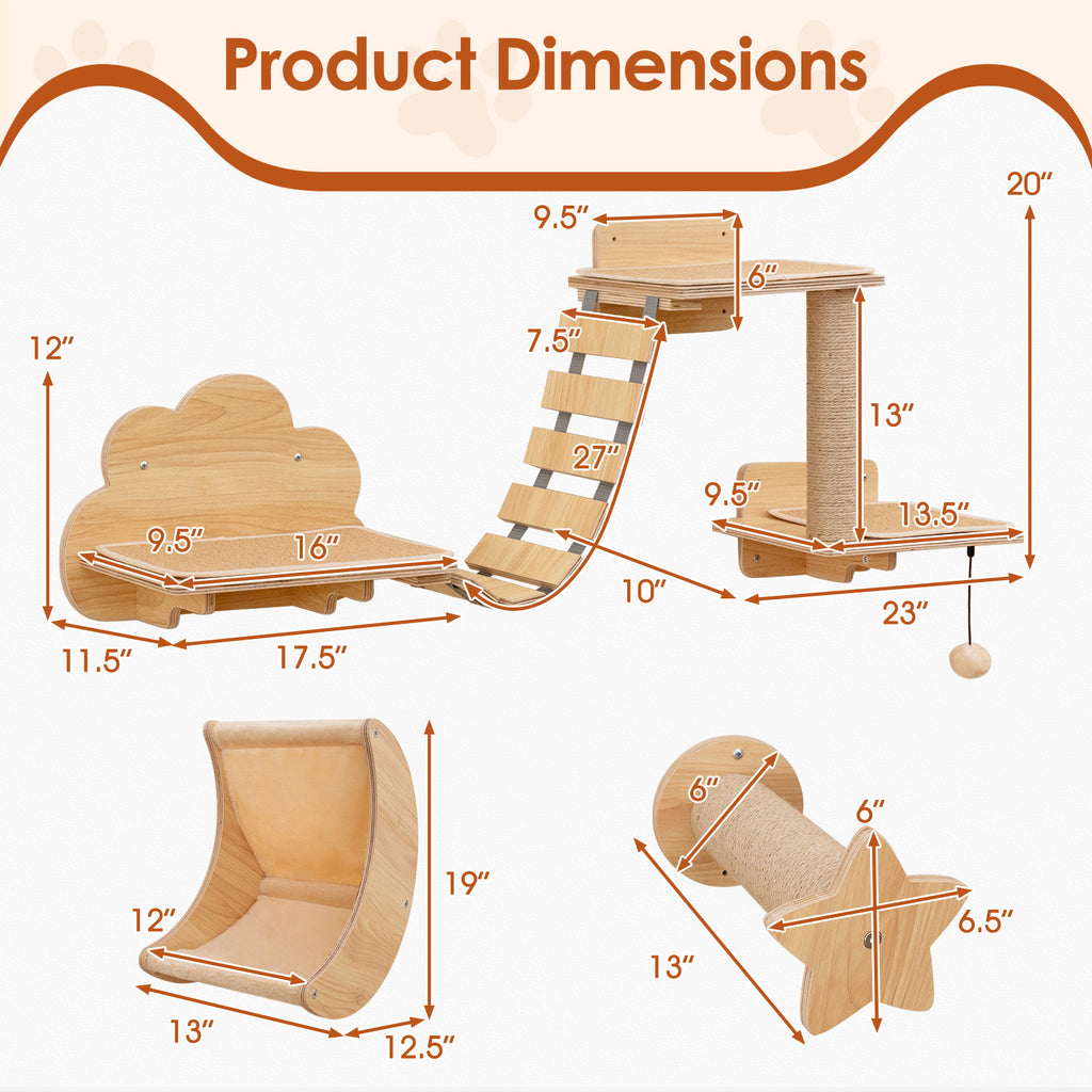 Cat Wall Furniture Set Kitten Wall Mounted Shelves with Hammock - Natural