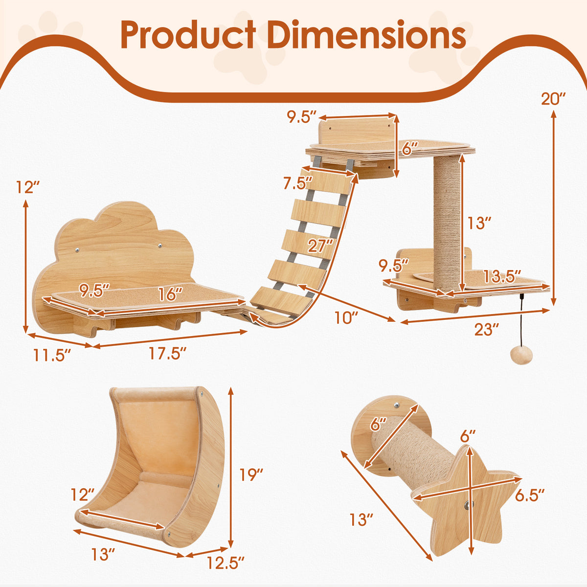 Cat Wall Furniture Set Kitten Wall Mounted Shelves with Hammock - Natural