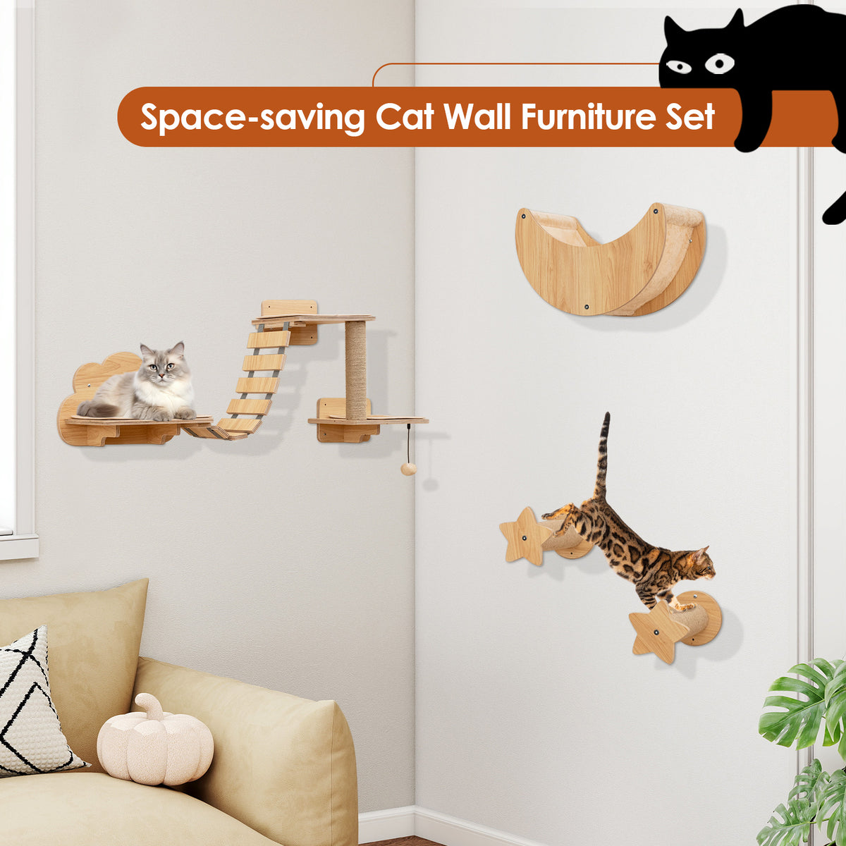Cat Wall Furniture Set Kitten Wall Mounted Shelves with Hammock - Natural