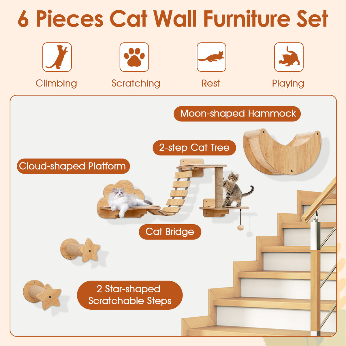 Cat Wall Furniture Set Kitten Wall Mounted Shelves with Hammock - Natural
