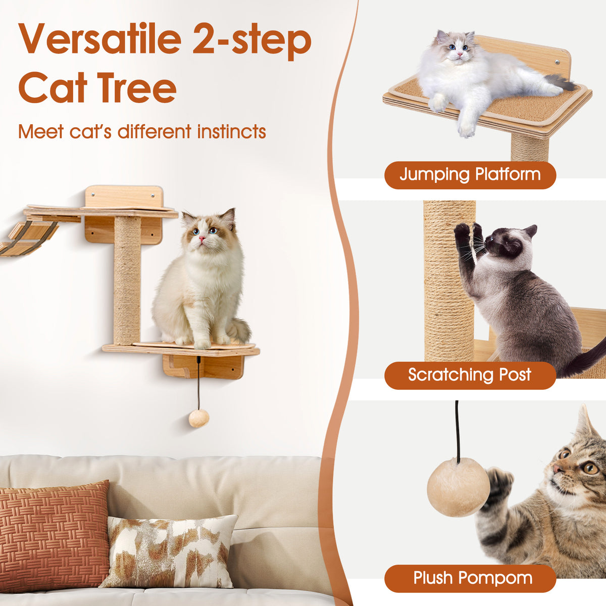 Cat Wall Furniture Set Kitten Wall Mounted Shelves with Hammock - Natural