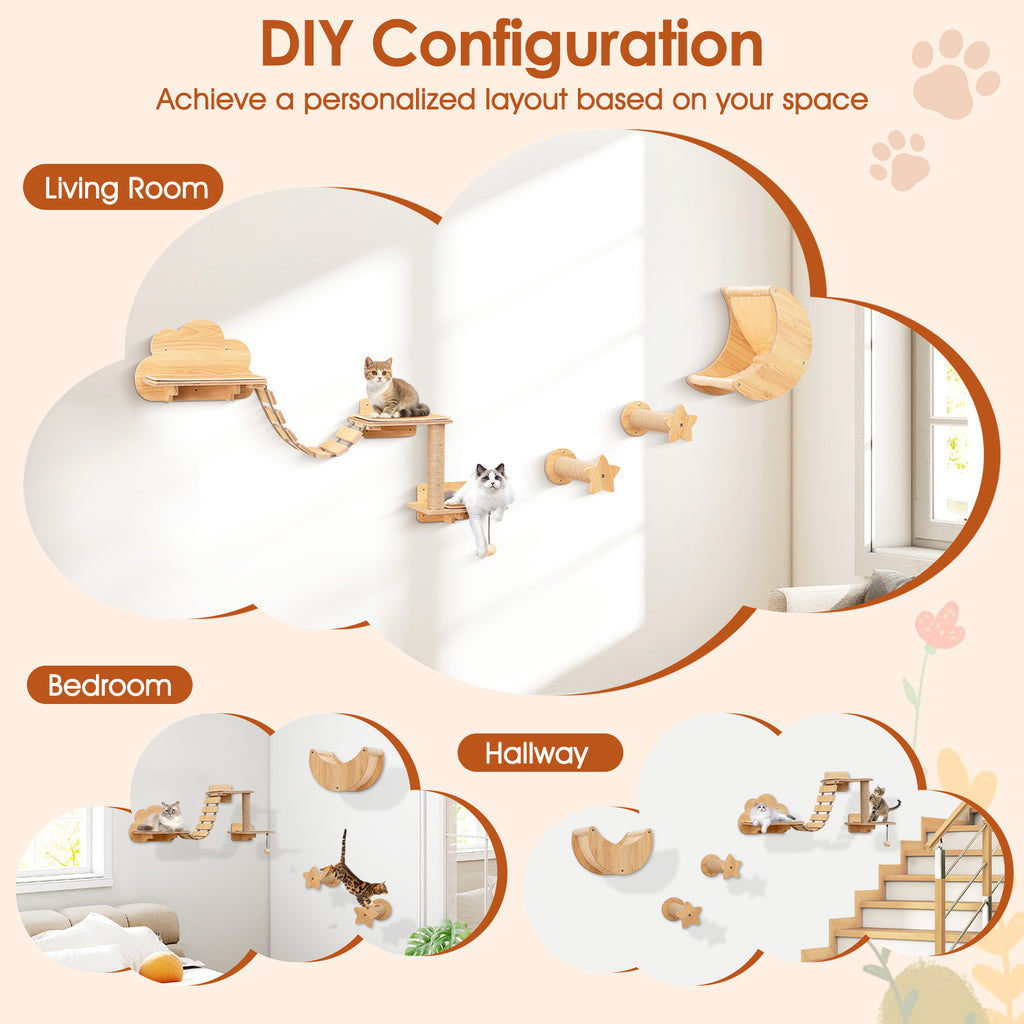 Cat Wall Furniture Set Kitten Wall Mounted Shelves with Hammock - Natural