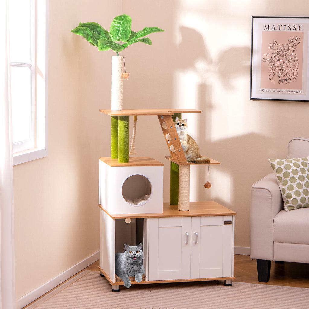 White Hidden Cat Washroom with Cat Tower & Climbing Ladder - Indoor Pet Furniture