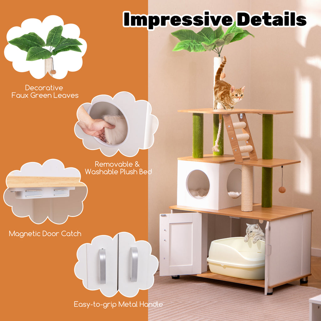 White Hidden Cat Washroom with Cat Tower & Climbing Ladder - Indoor Pet Furniture